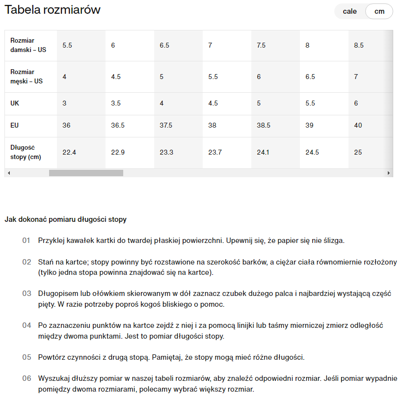 Tabela rozmiarów na oficjalnej stronie sklepu internetowego Nike