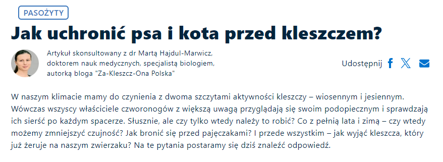 Artykuł na blogu Mój Zdrowy Futrzak „Jak uchronić psa i kota przed kleszczem?”