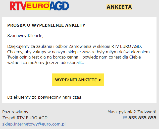 Przykład wiadomości e-mail z prośbą o wypełnienie kwestionariusza opinii, wysyłanej po zakupie w sklepie RTV EURO AGD