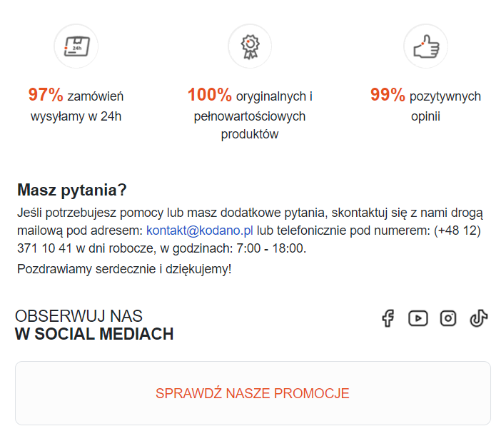 Wiadomość e-mail, wysyłana do klientów marki Kodano po zakończeniu zakupu