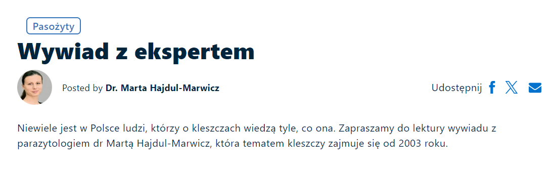 Wywiad z ekspertem w witrynie Mój Zdrowy Futrzak, na temat zagrożeń, związanych z kleszczami