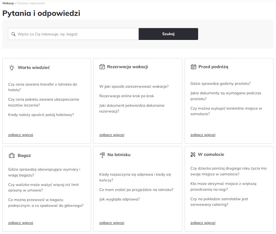 Pasek wyszukiwarki na podstronie pytań i odpowiedzi biura podróży ITAKA