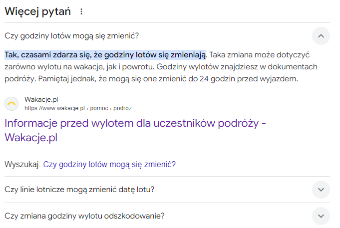 Przykład wyniku Frequently Asked Questions z sekcji FAQ wakacje.pl