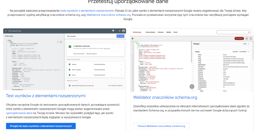 Zrzut ekranu z narzędzia Schema markup testing Tool