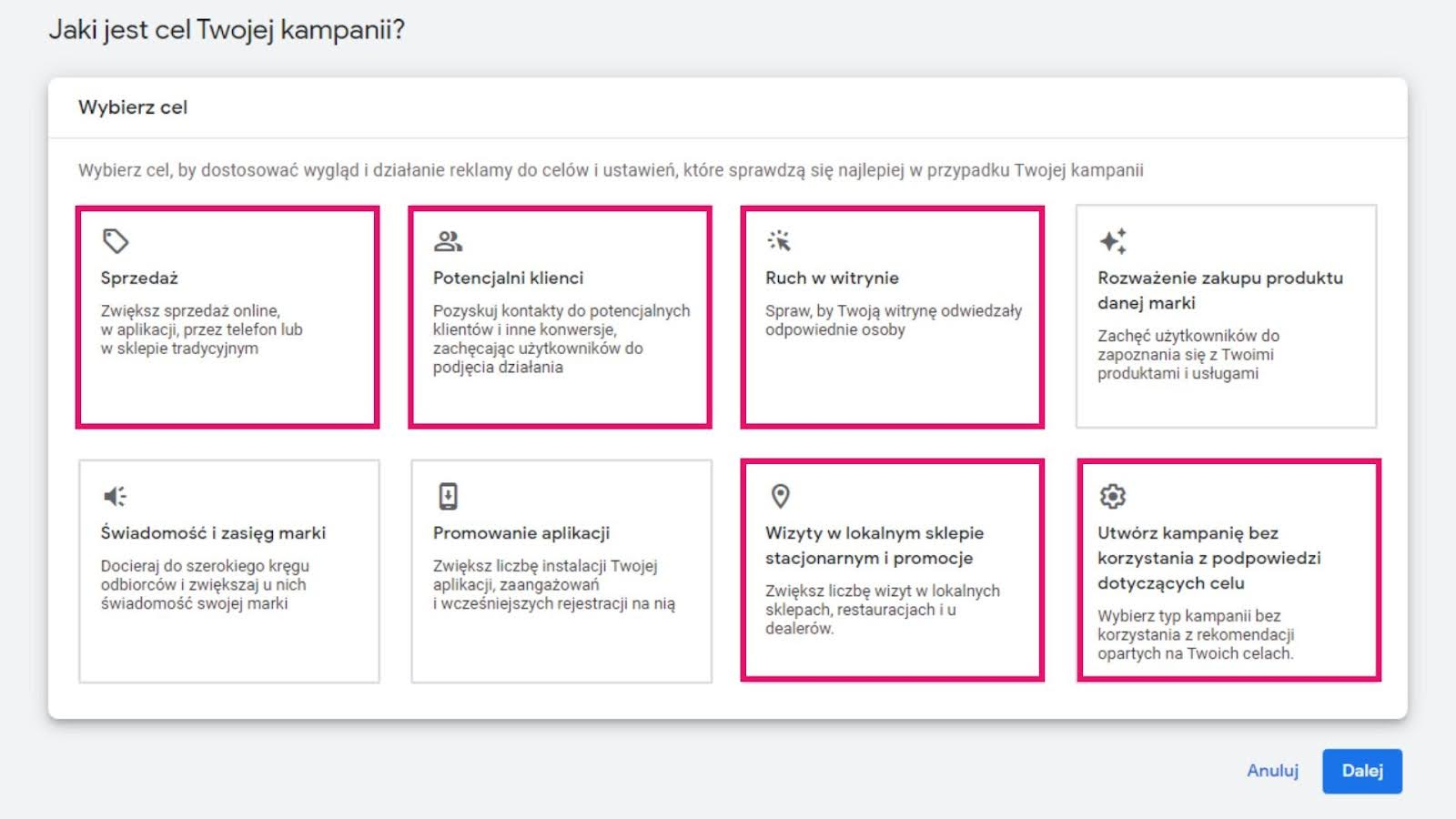 Google Ads, panel wyboru celu kampanii