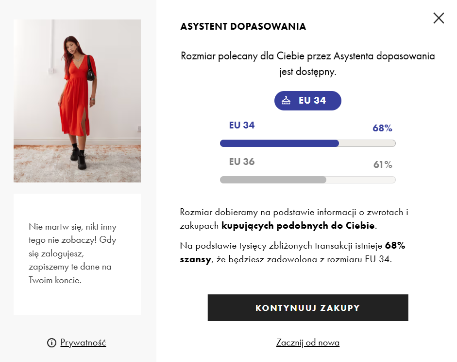 asystent dopasowania produktu na stronie ASOS