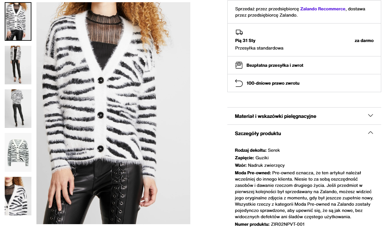 Karta produktu na stronie sklepu Zalando.pl