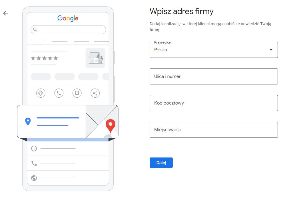 wizytówka google adres firmy