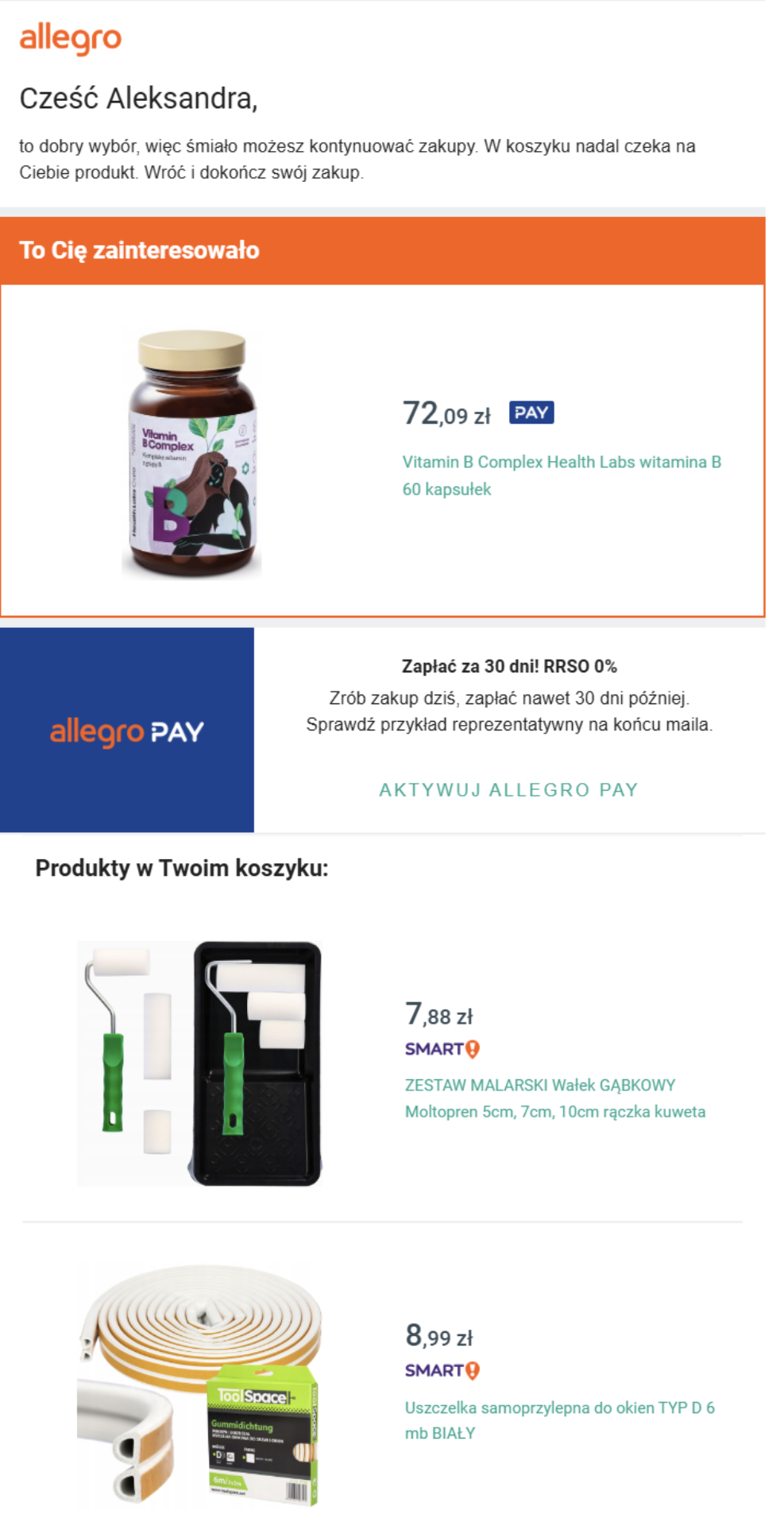 Przykład zastosowania cross-sellingu w mailingu Allegro
